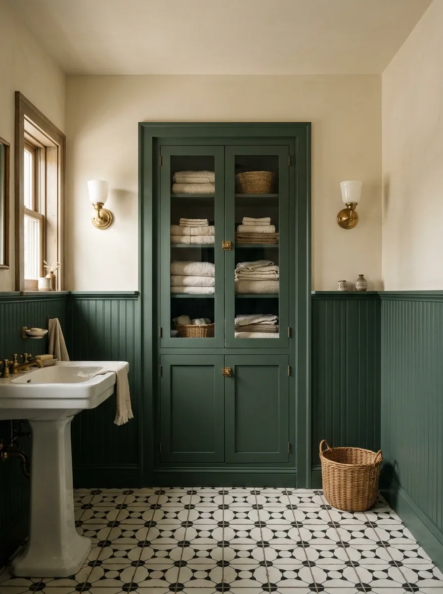 Heritage Green Paneling With a Built-In Linen Cabinet
