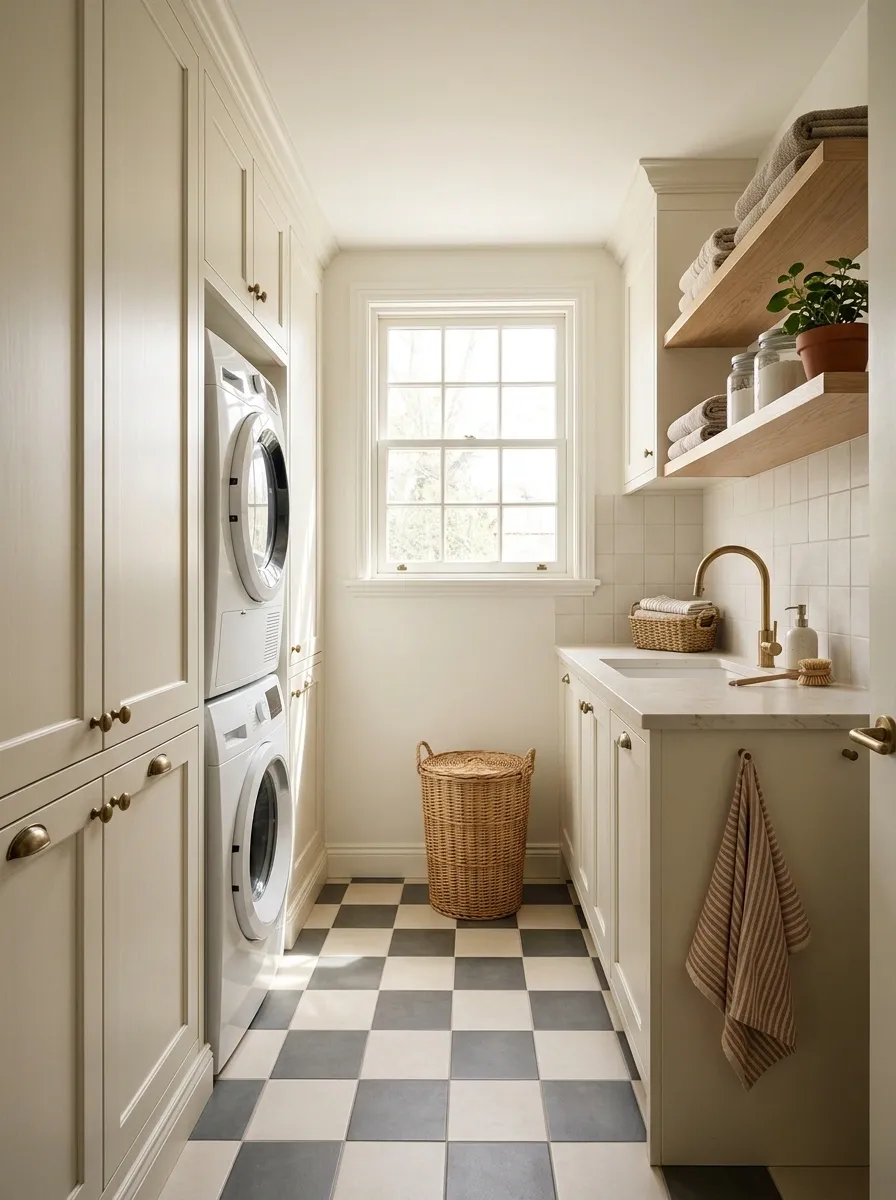 Heritage Laundry Room With Cream Cabinets and Checkerboard Flooring