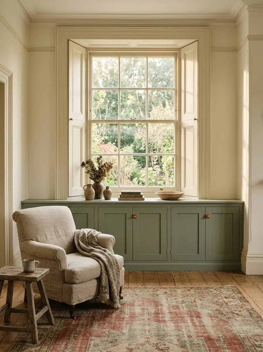 Heritage Living Room With Painted Under-Window Cupboards