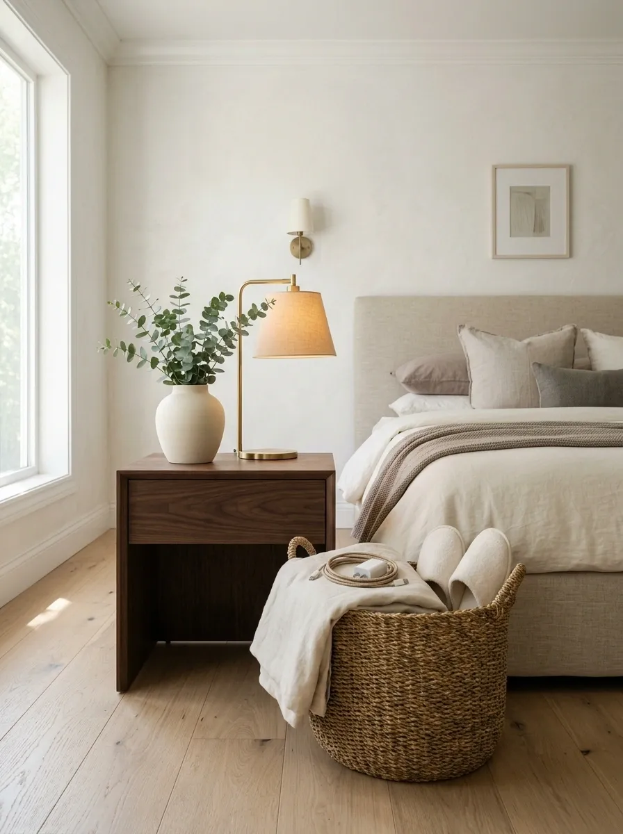 Hide Everyday Clutter Inside One Bedside Basket