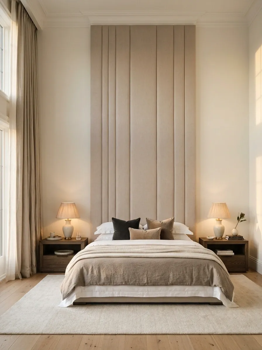 High-Ceiling Bedroom With a Floor-to-Ceiling Upholstered Headboard