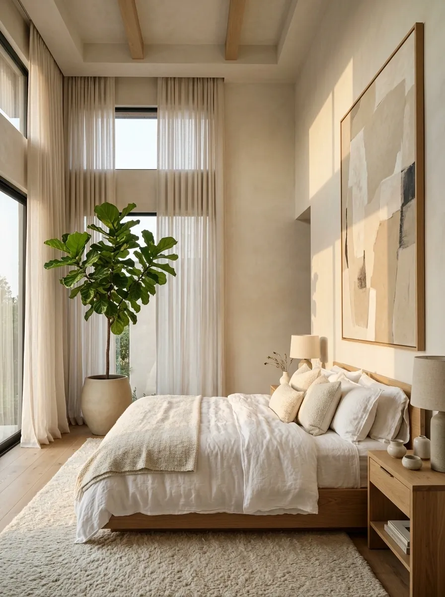 High-Ceiling Bedroom With a Tall Indoor Tree and Oversized Art