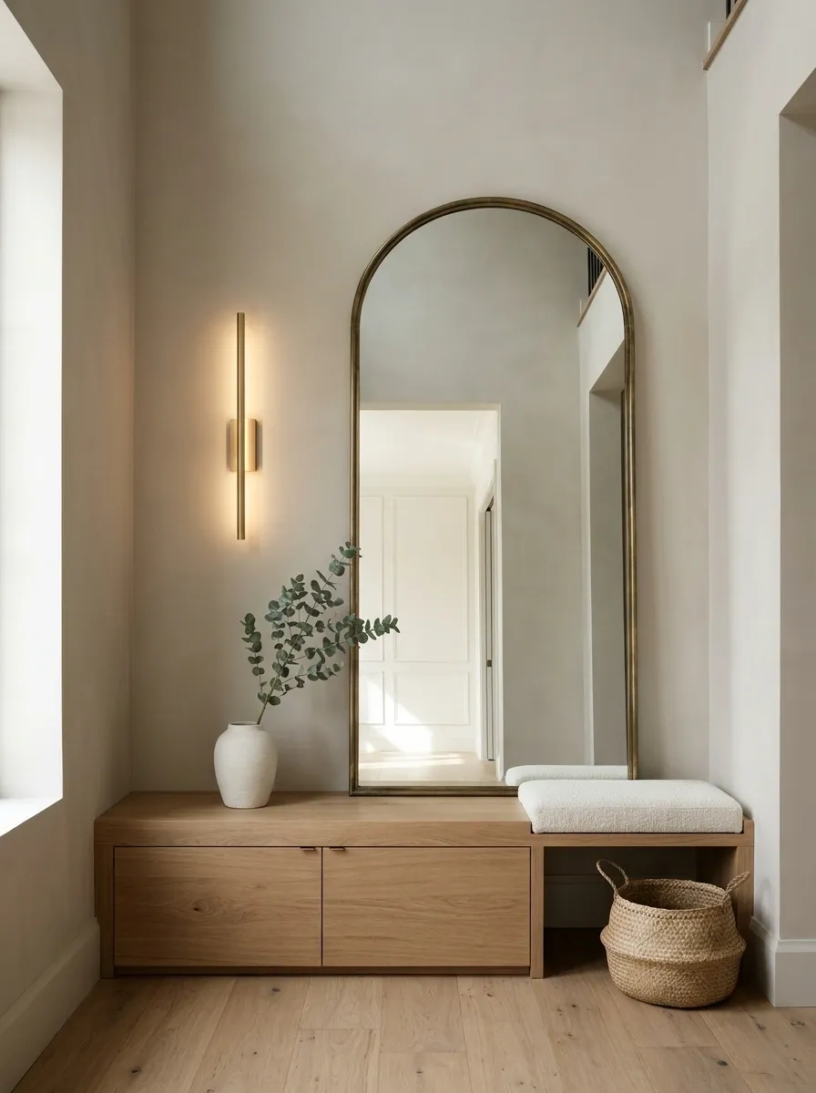 High-Ceiling Entry With a Tall Mirror and a Low Storage Plinth