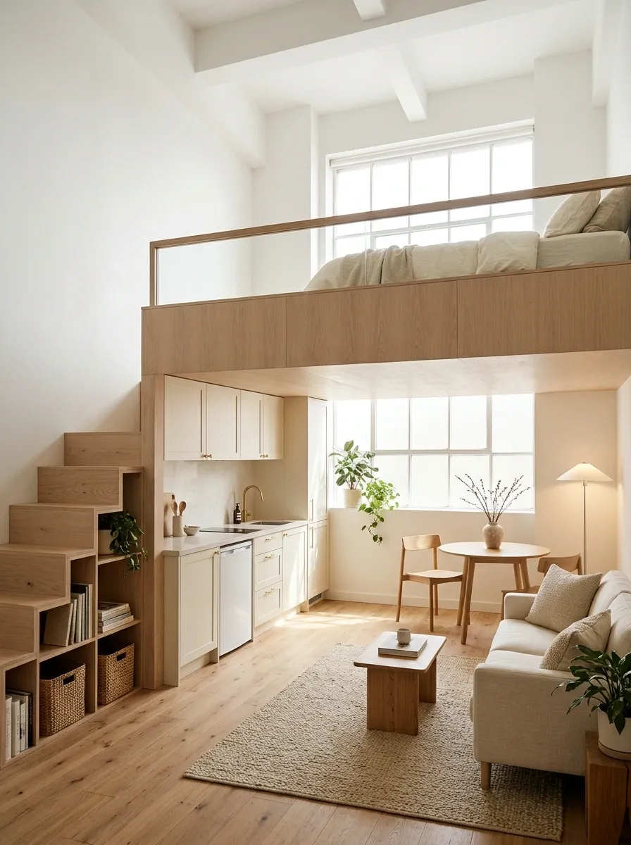 High-Ceiling Studio With a Sleeping Loft Above the Kitchen