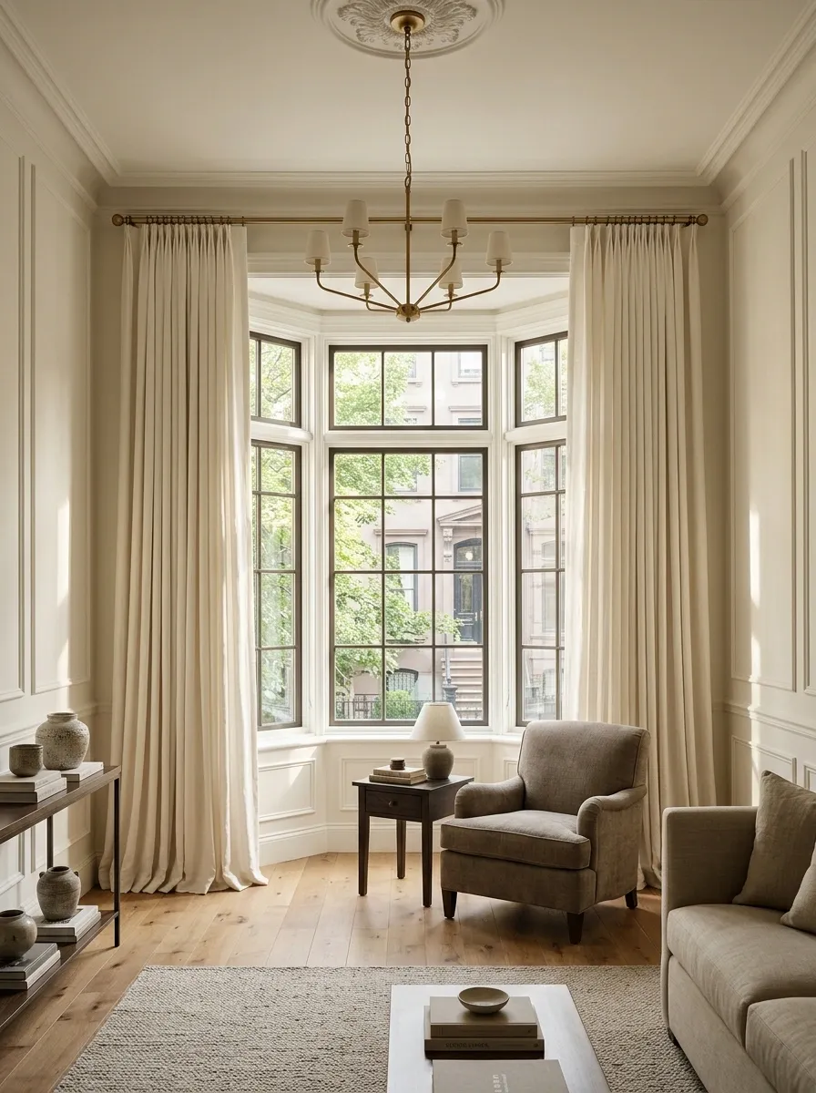 High-Ceiling Townhouse Bay With Extra-Long Ivory Drapes