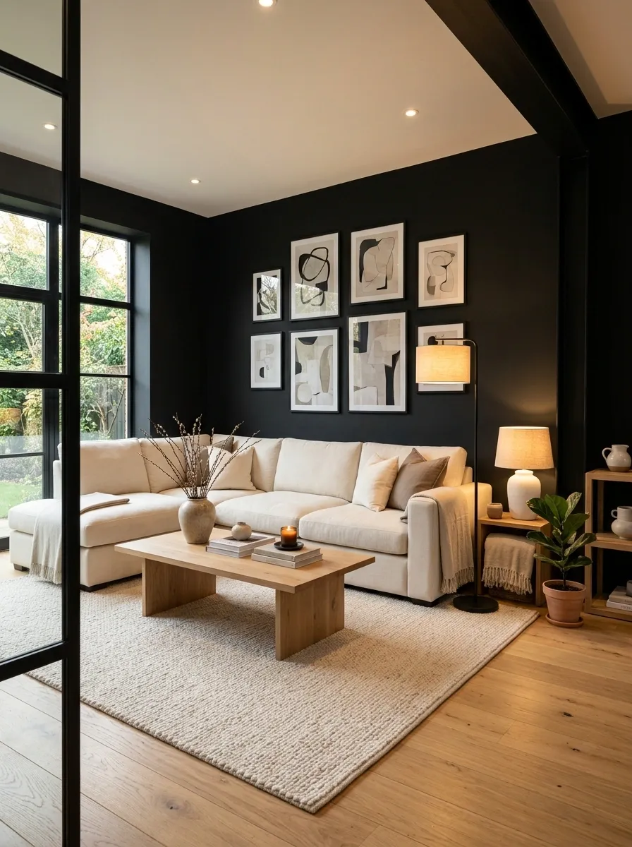 High-Contrast Black Walls With Cream Furniture