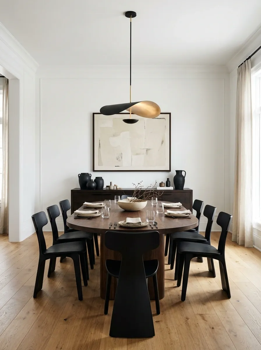 High-Contrast Dining Room With White Walls and Espresso Wood