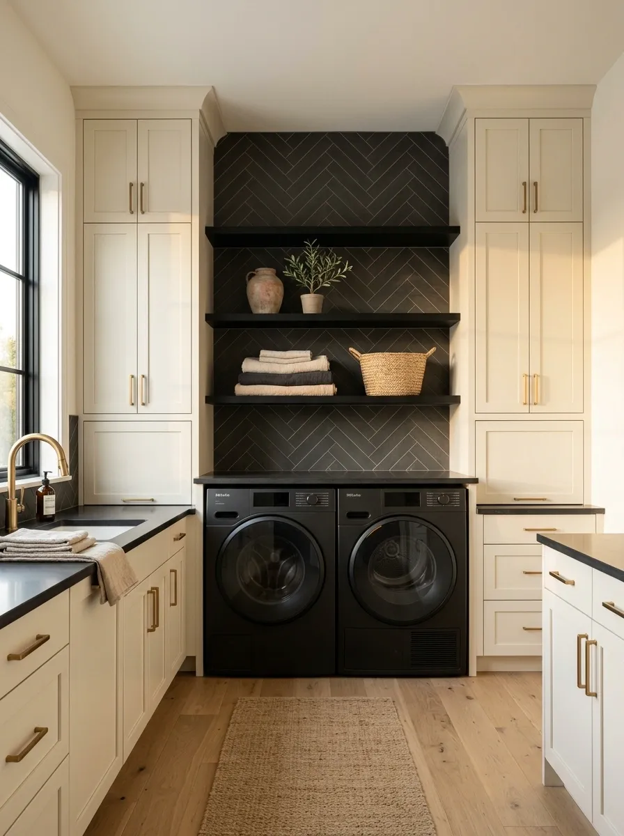 High-Contrast Modern Laundry Room With Black Appliances