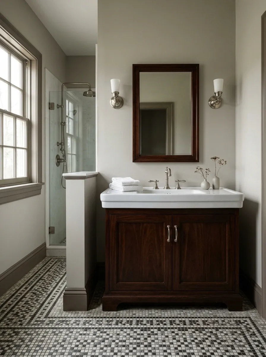 Historic Mosaic Flooring With Dark Timber Cabinetry