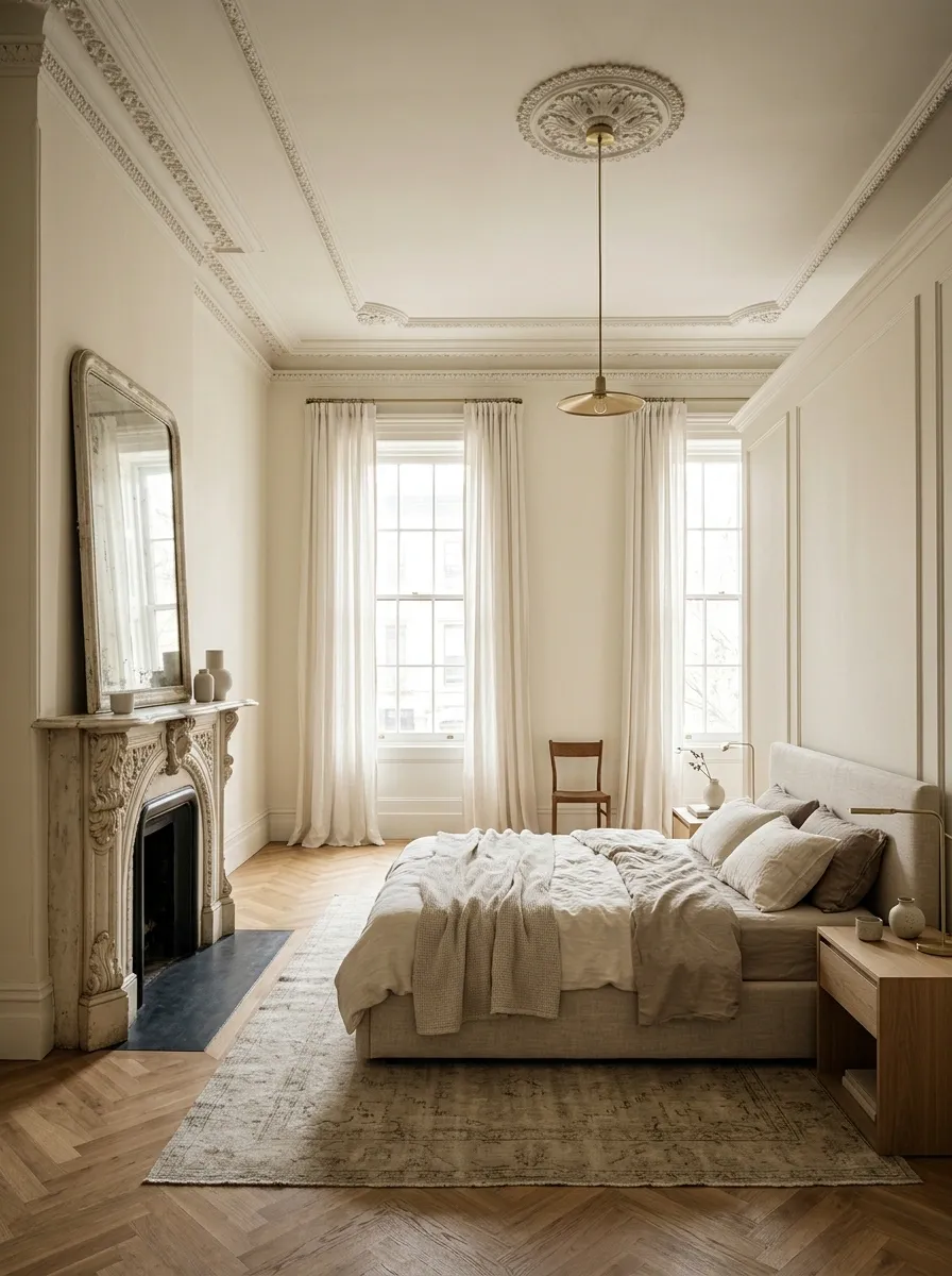 Historic-Style Bedroom With Classic Mantel, Ceiling Molding, and Modern Linen Bed