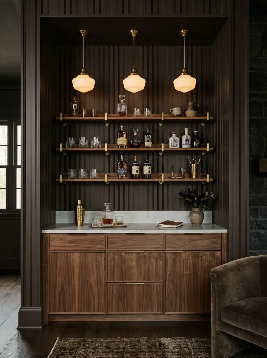 Home Bar With Espresso Beadboard and Pale Stone Counter