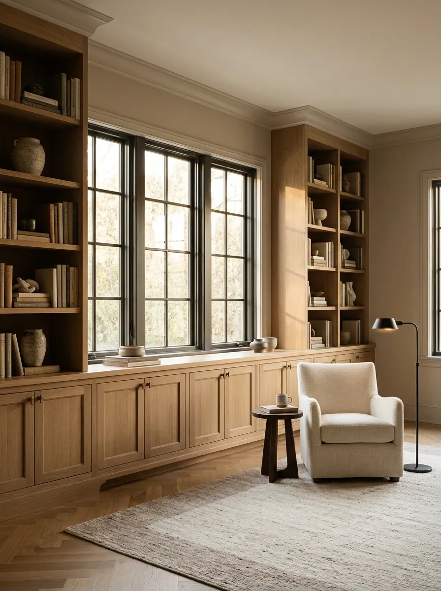 Home Library With Continuous Base Cabinets Beneath Tall Windows