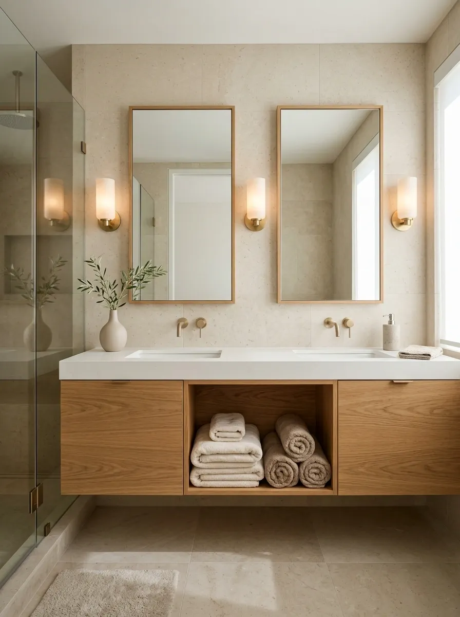 Hotel-Inspired Bathroom With an Open Oak Towel Cubby