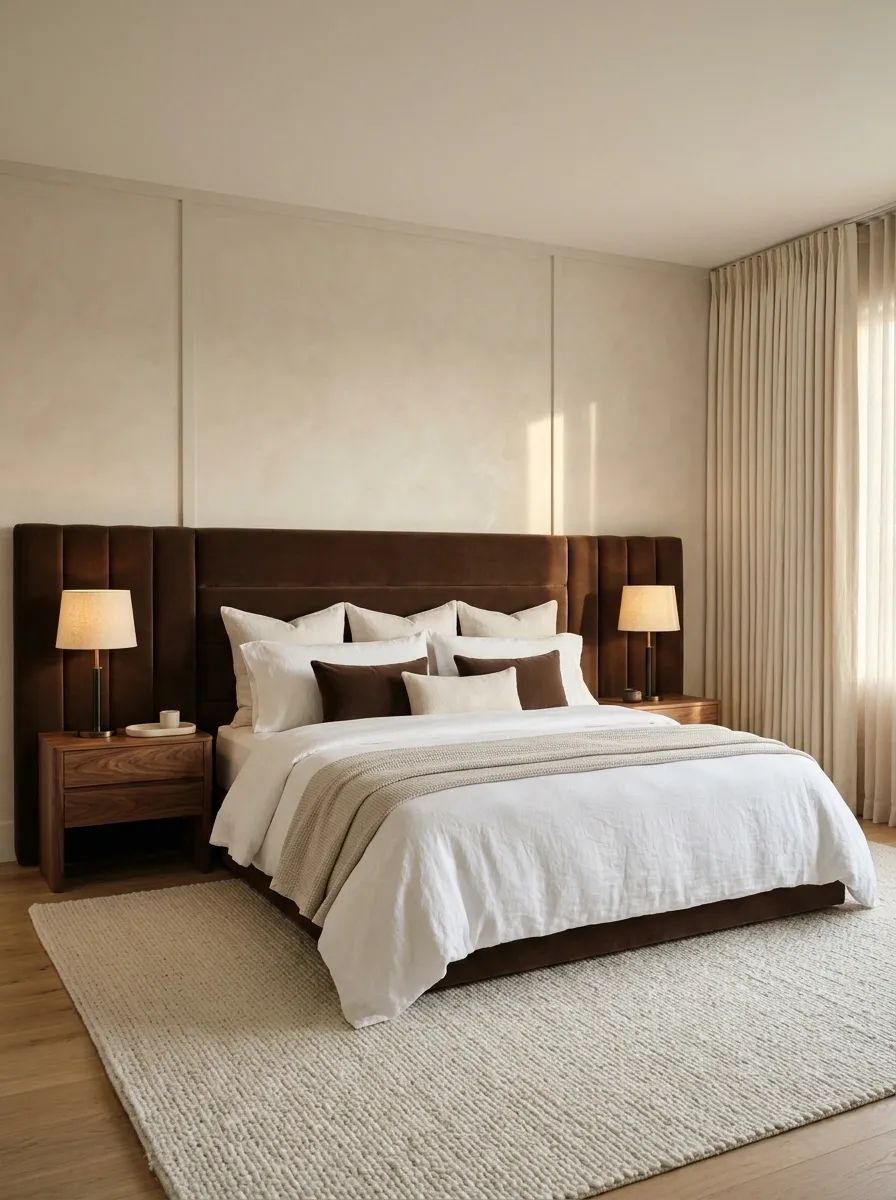 Hotel-Inspired Bedroom With a Chocolate Headboard and Crisp White Bedding