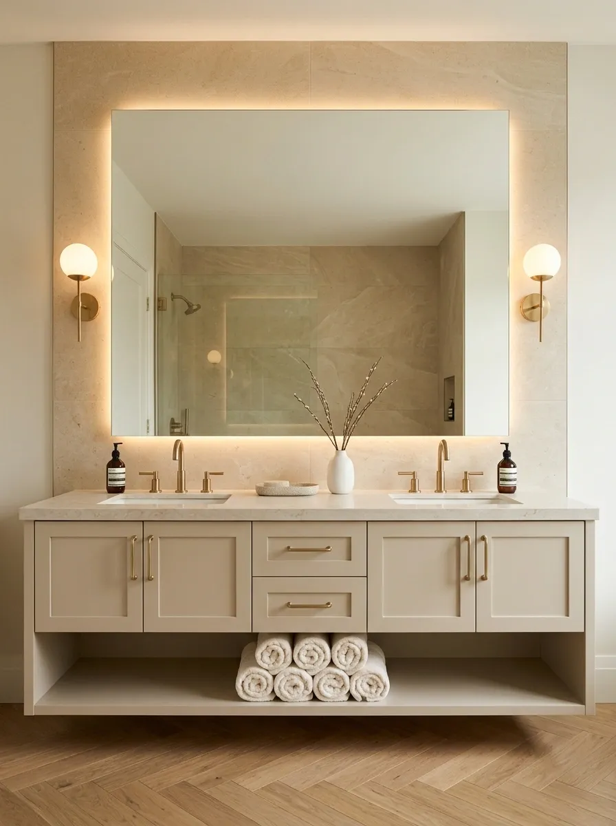 Hotel-Inspired Beige Bathroom With Backlit Mirrors