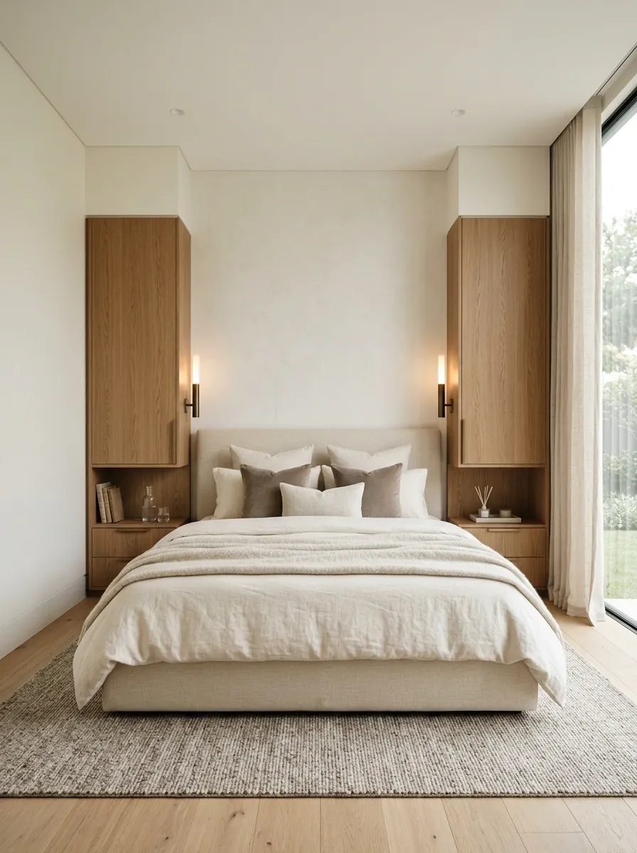 Hotel-Inspired Minimalist Bedroom With Symmetrical Joinery