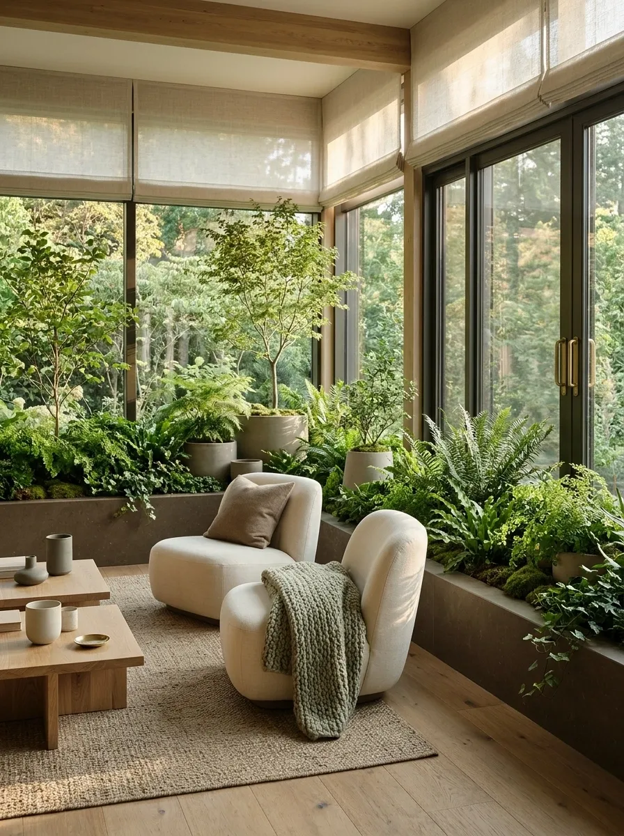 Indoor Garden Room With Pale Seating and a Contained Planting Edge