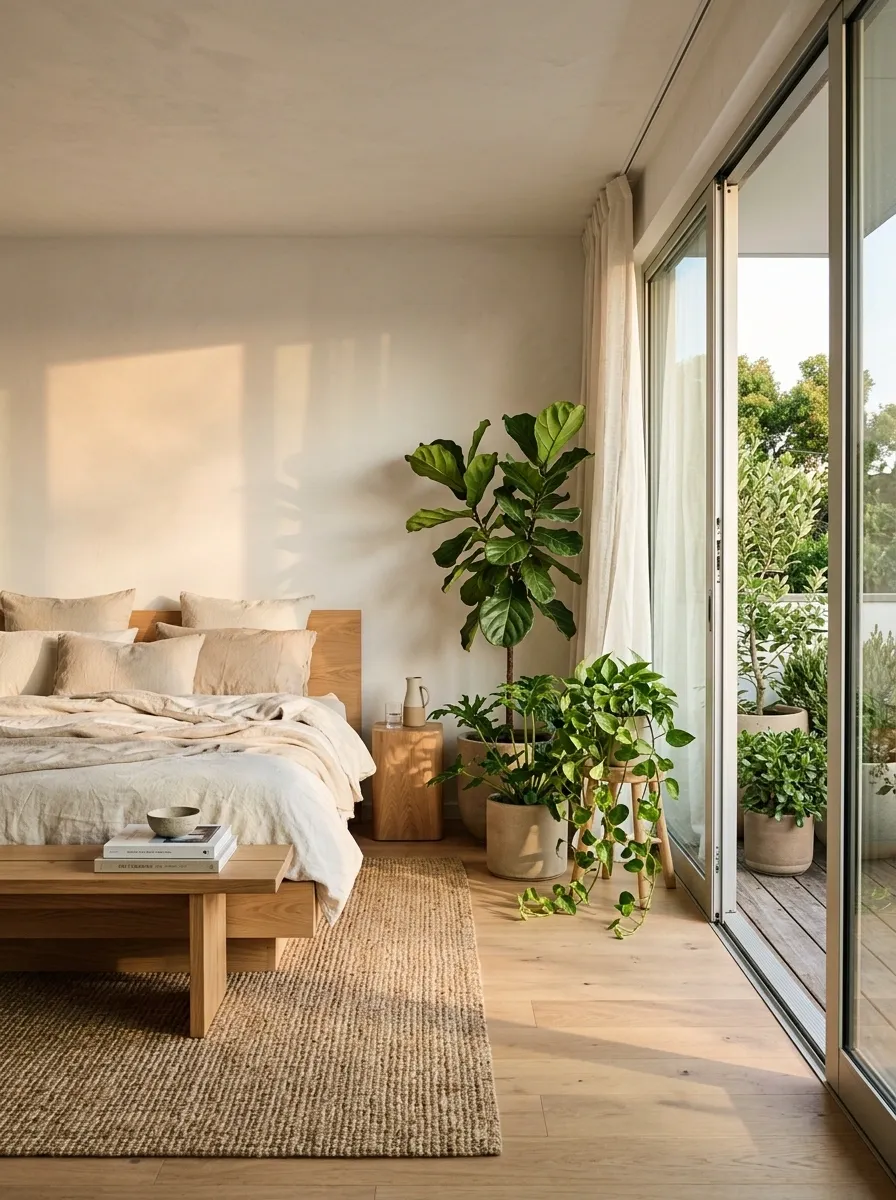 Indoor-Outdoor Bedroom With Greenery Beside Balcony Doors