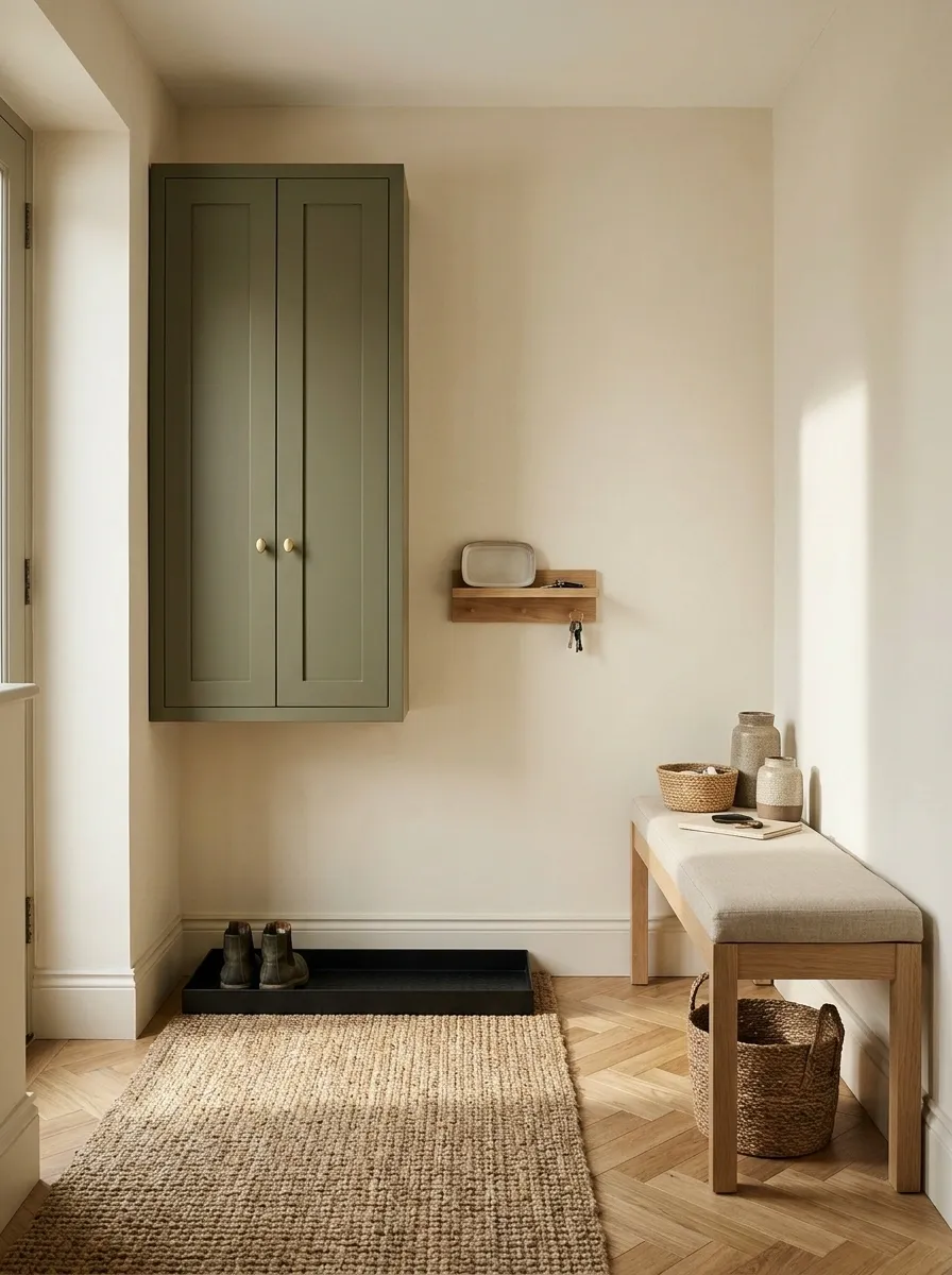 Indoor-Outdoor Entry Corner With a Boot Tray and Closed Upper Storage