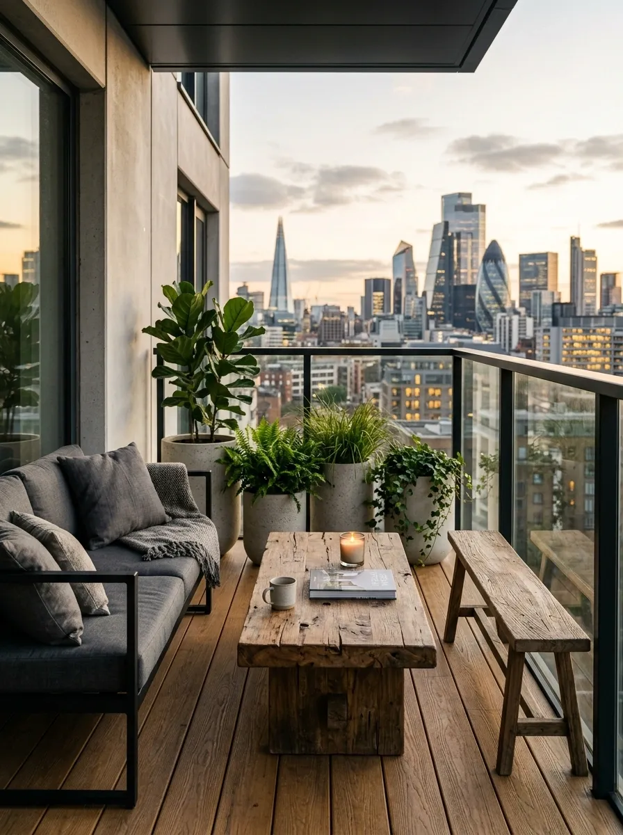 Industrial Balcony With Black Steel and Weathered Wood