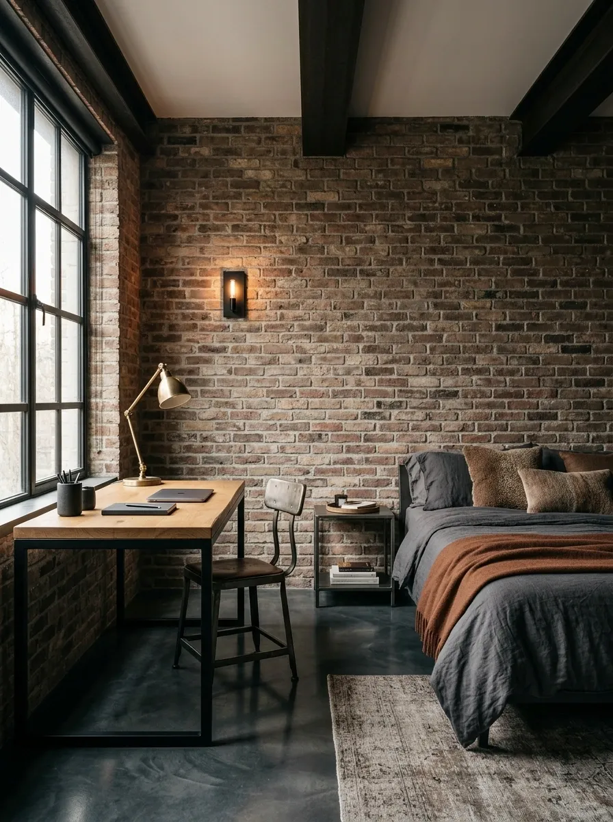 Industrial Bedroom With a Compact Steel-and-Wood Office