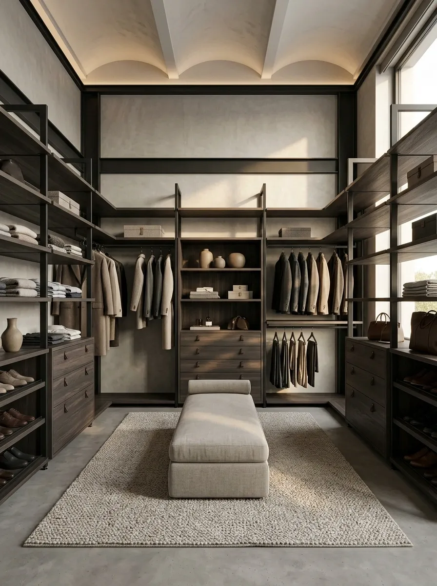 Industrial Closet With Black Steel and Smoked Wood