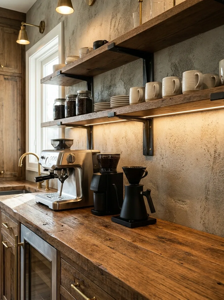 Industrial Coffee Bar With Reclaimed Wood and Metal Shelving