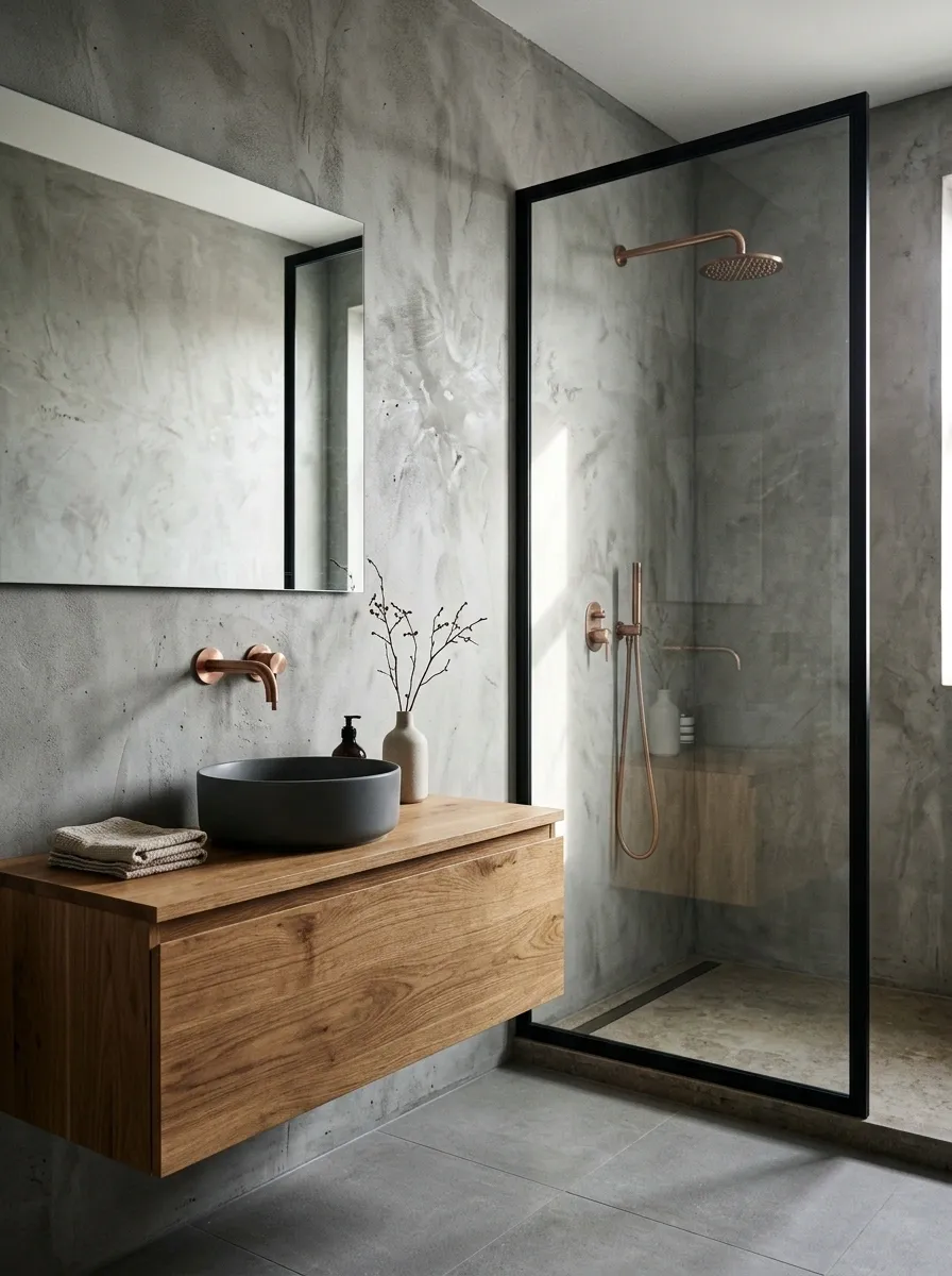 Industrial Concrete Bathroom With Warm Metallic Contrast