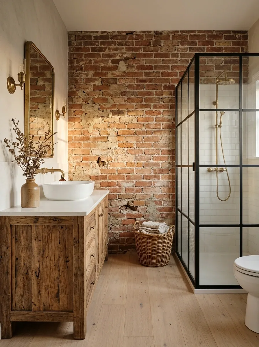 Industrial Country Bathroom With Reclaimed Wood and Brick