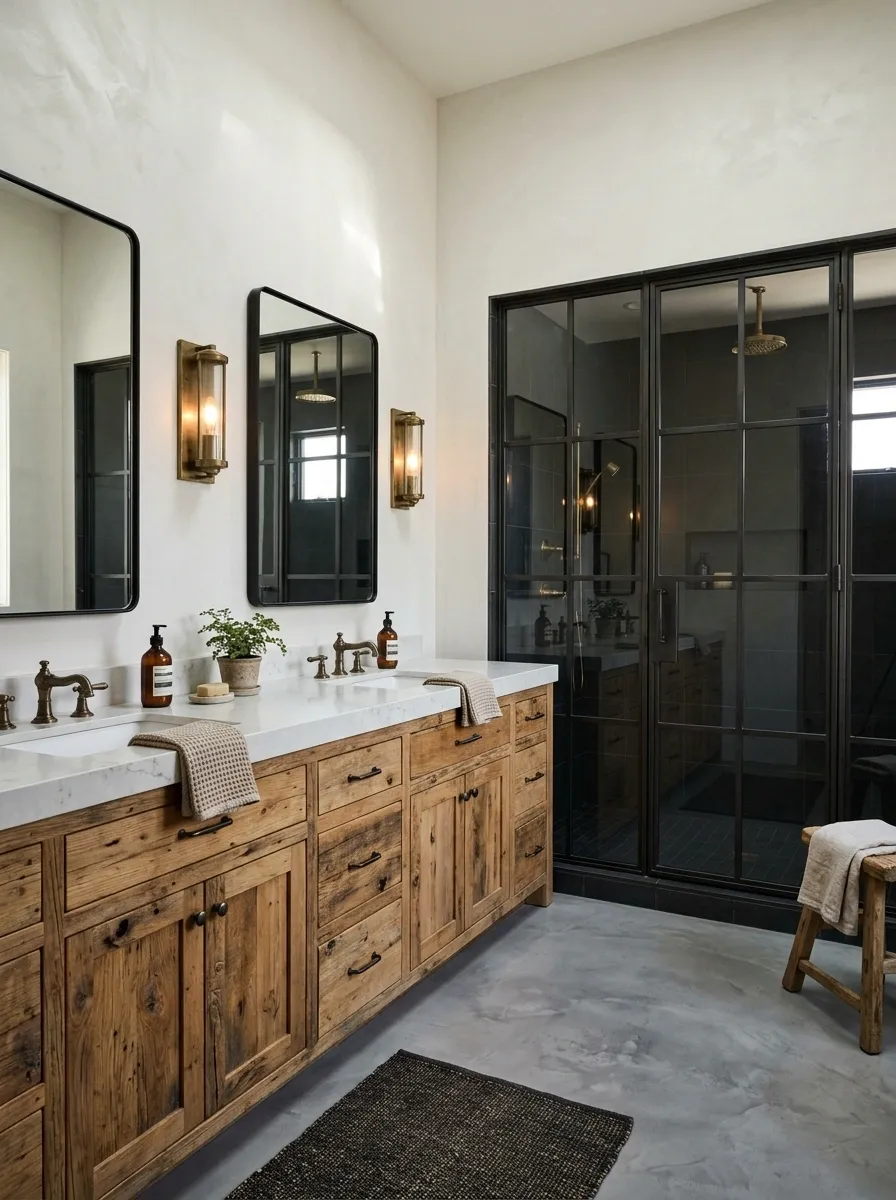 Industrial Farmhouse Bathroom With Steel-Framed Glass and Reclaimed Timber