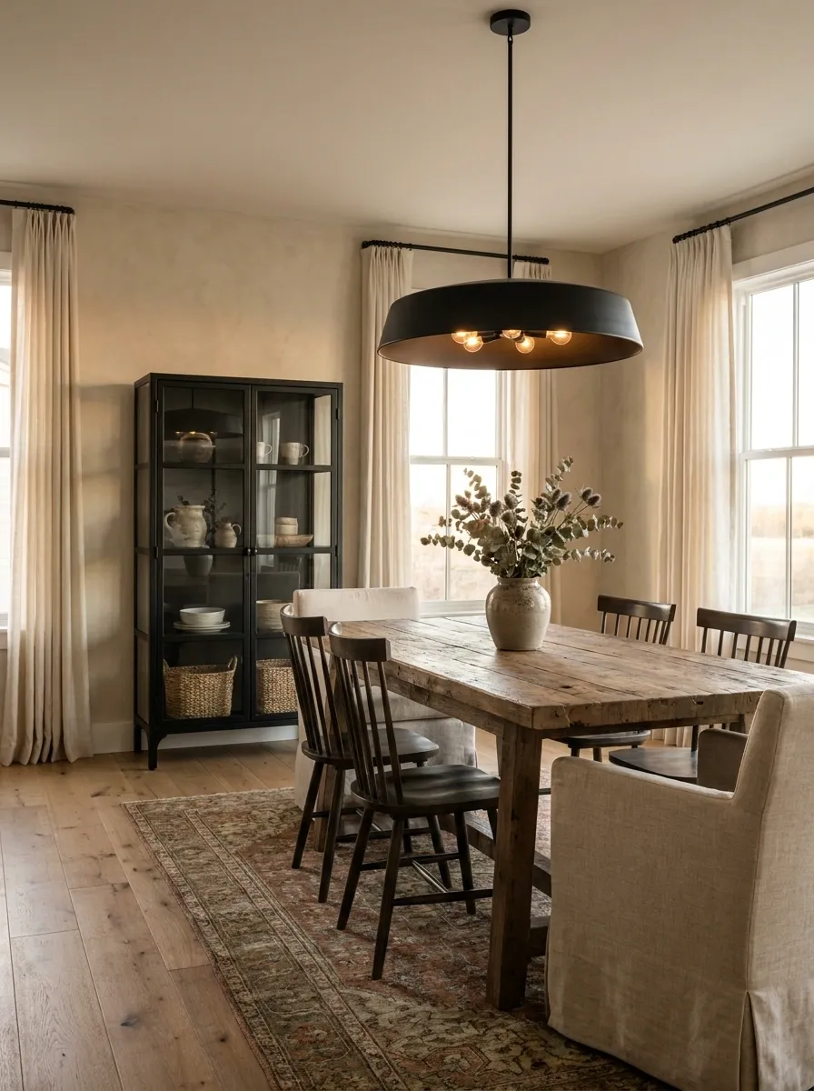 Industrial Farmhouse Dining Room With Timber and Black Steel