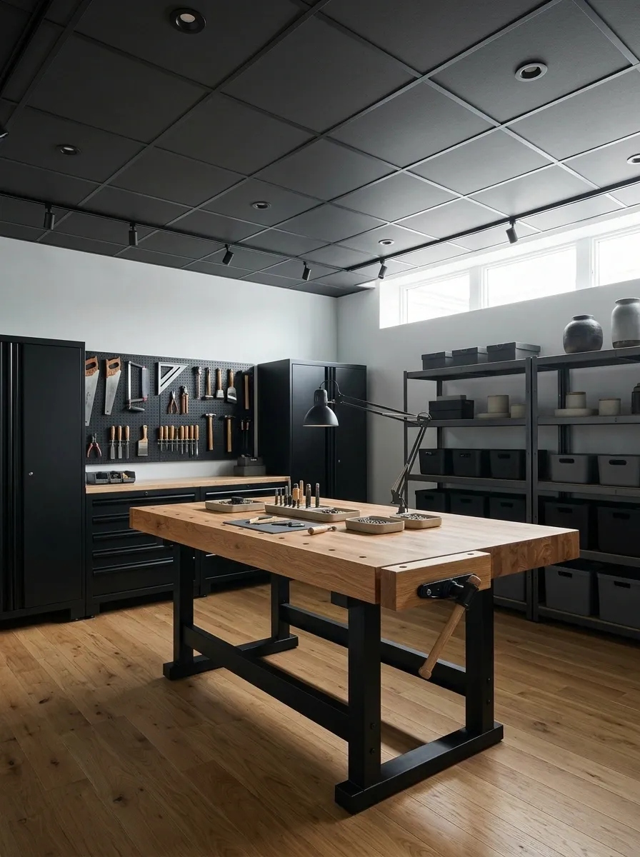 Industrial-Inspired Basement Workshop With a Graphite Drop Ceiling