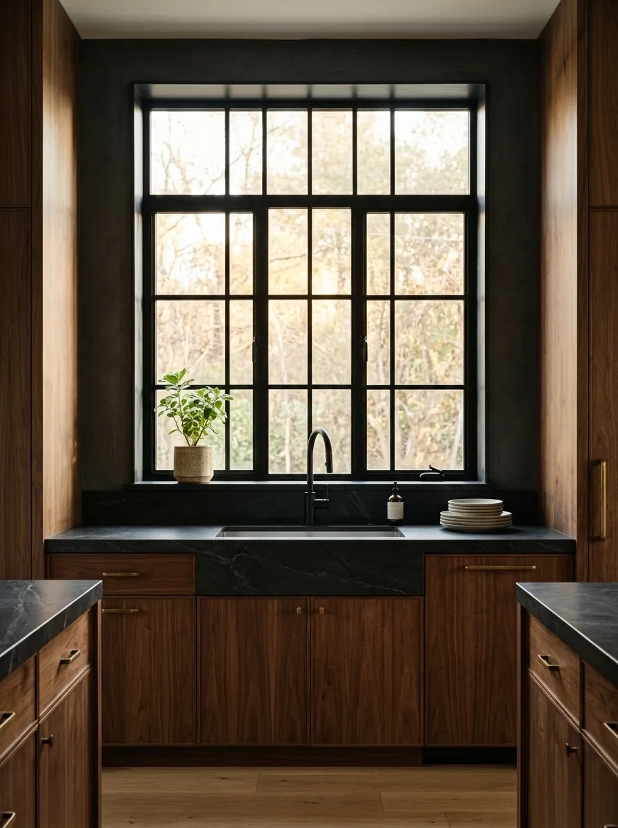 Industrial Kitchen With a Black Steel Window