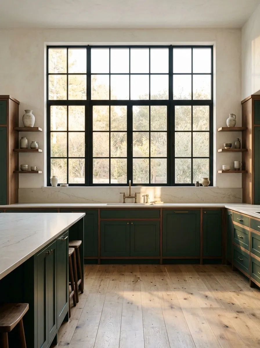 Industrial Kitchen With Oversized Steel-Frame Windows