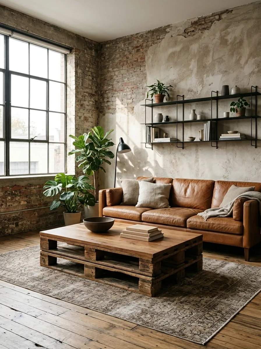 Industrial Living Room With a Pallet Coffee Table and Leather Sofa