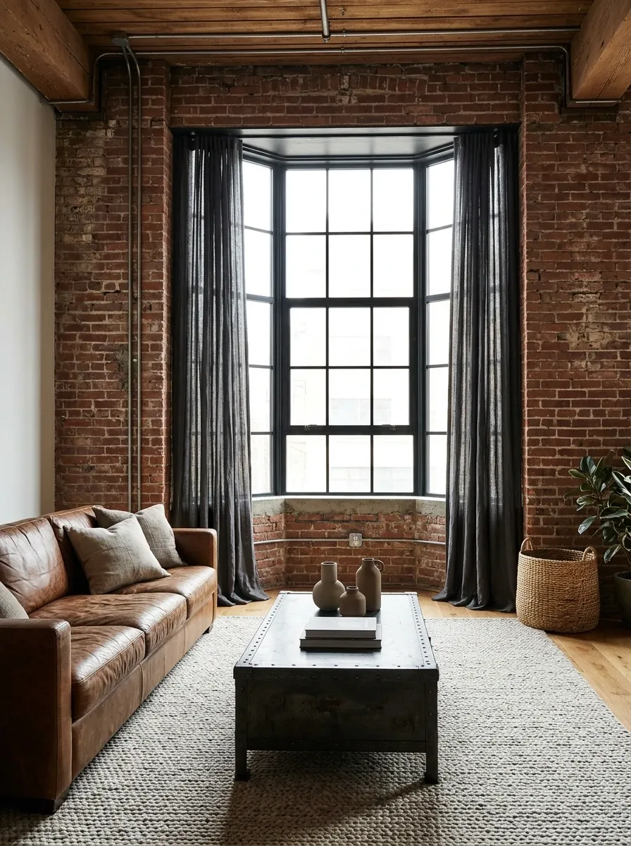 Industrial Loft Bay With Charcoal Linen Curtains