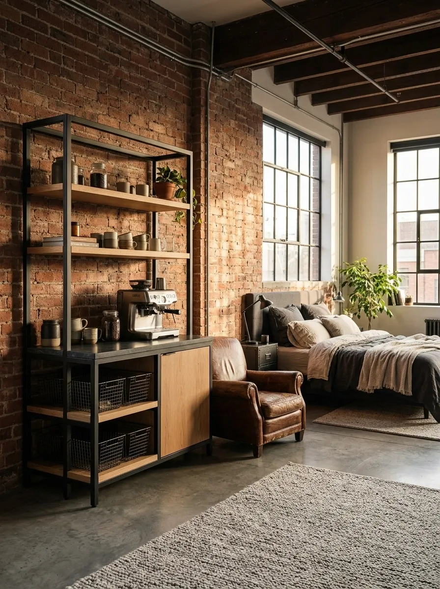 Industrial Loft Bedroom With a Steel and Oak Coffee Bar