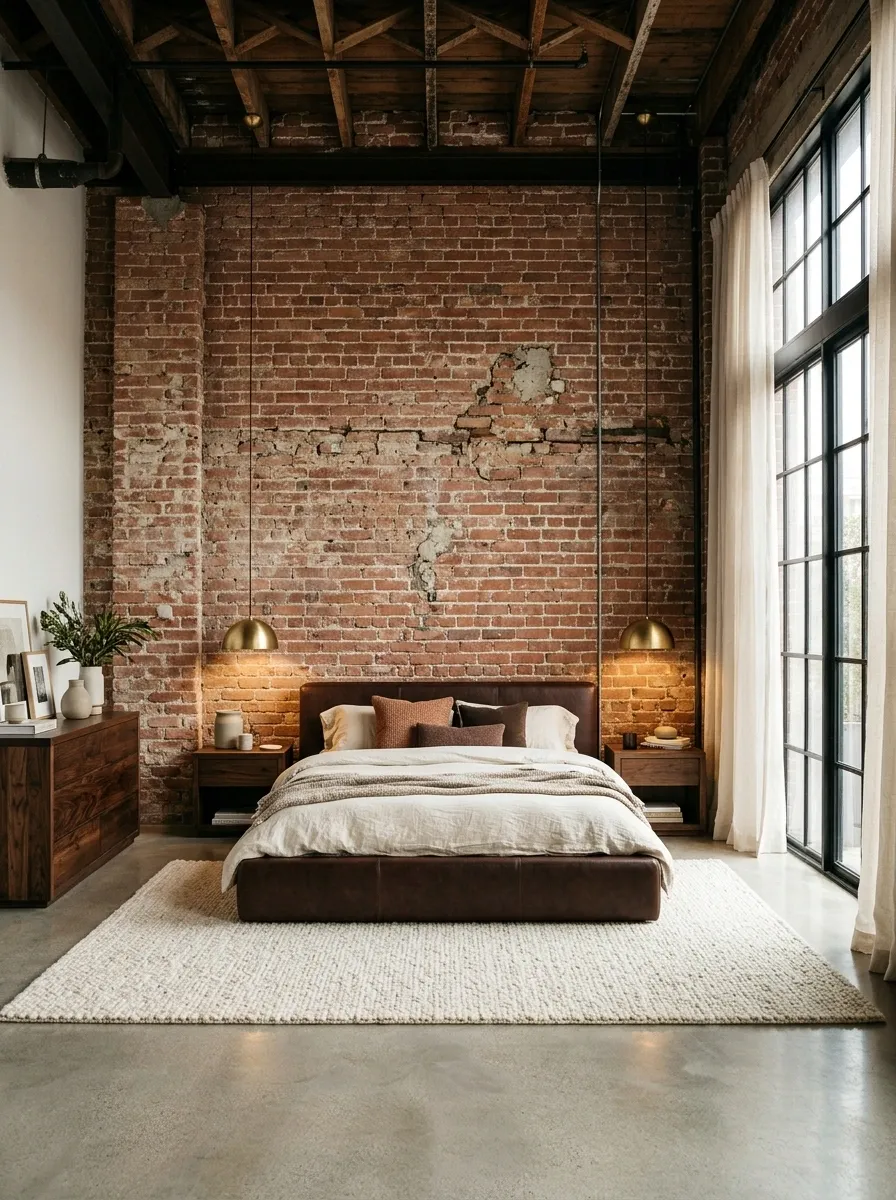 Industrial Loft Bedroom With Chocolate Leather and Exposed Brick