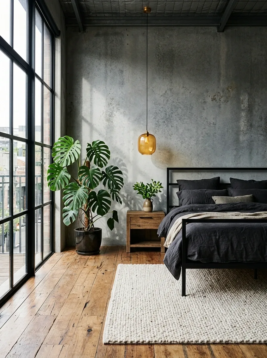 Industrial Loft Bedroom With Concrete, Black Metal, and Green Leaves