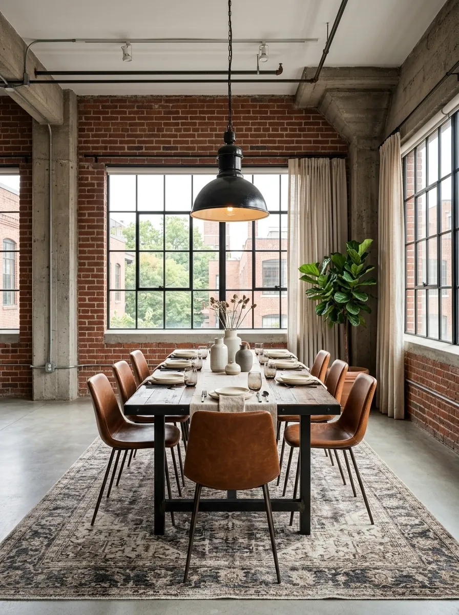 Industrial Loft Dining Room With a Distressed Neutral Rug