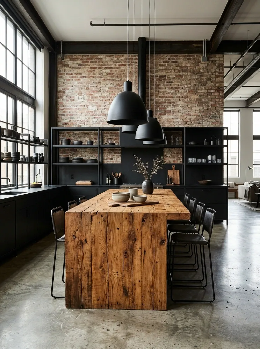 Industrial Loft Kitchen With Black Steel and Reclaimed Wood