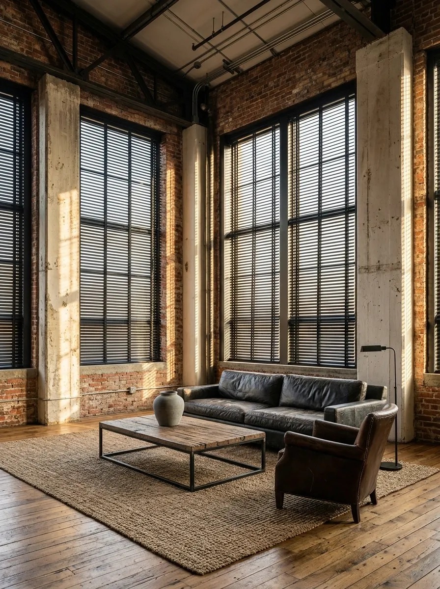 Industrial Loft With Matte Black Aluminum Blinds