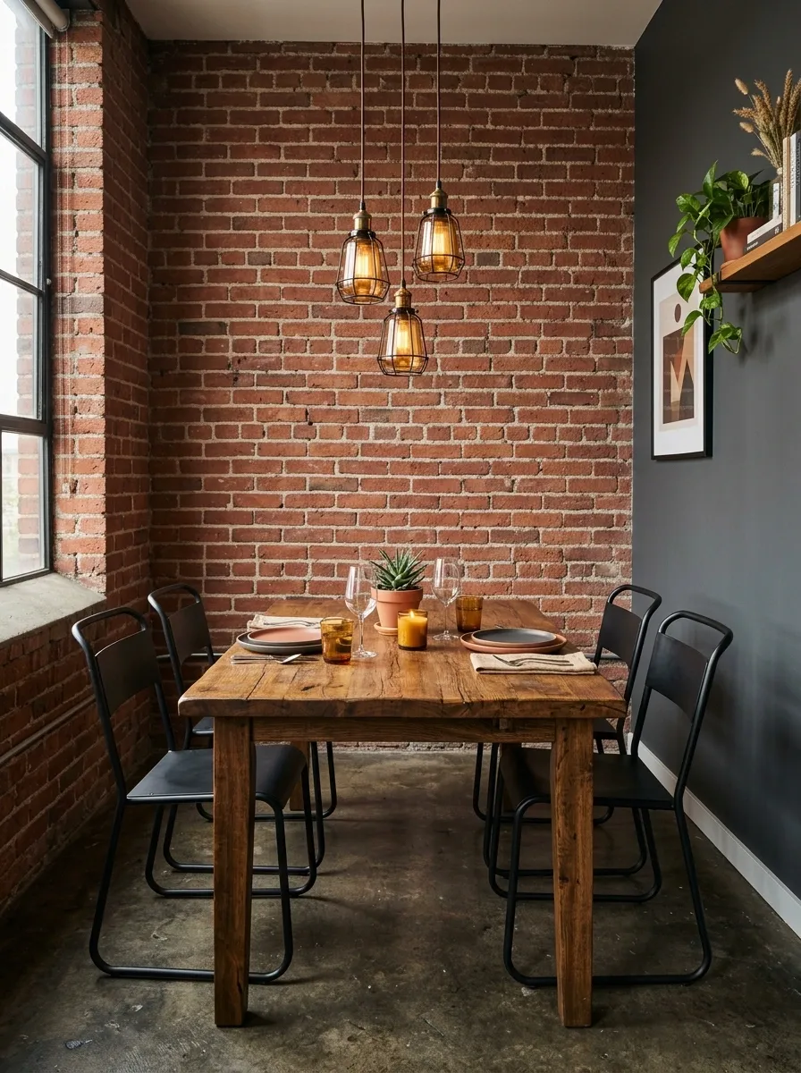 Industrial Nook With Brick, Black Steel, and Reclaimed Wood