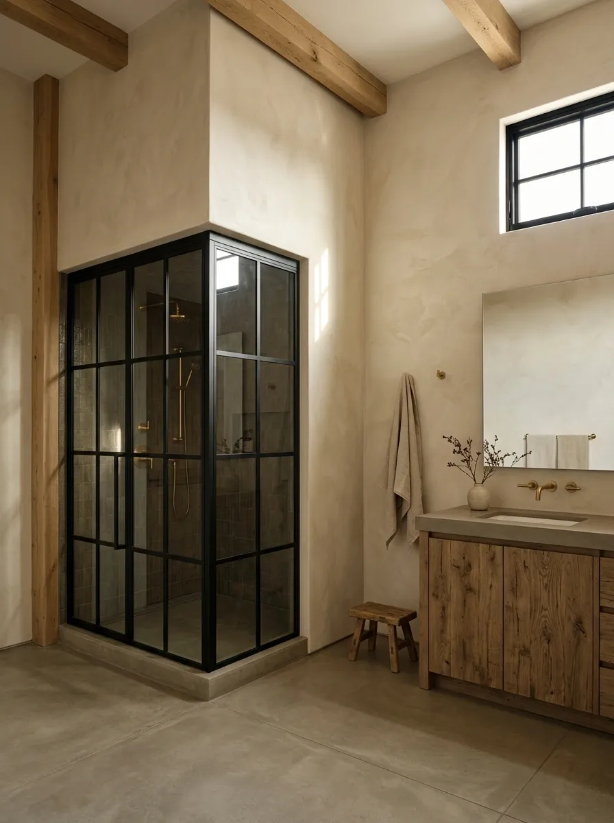 Industrial Ranch Bathroom With Steel-Framed Shower Glass