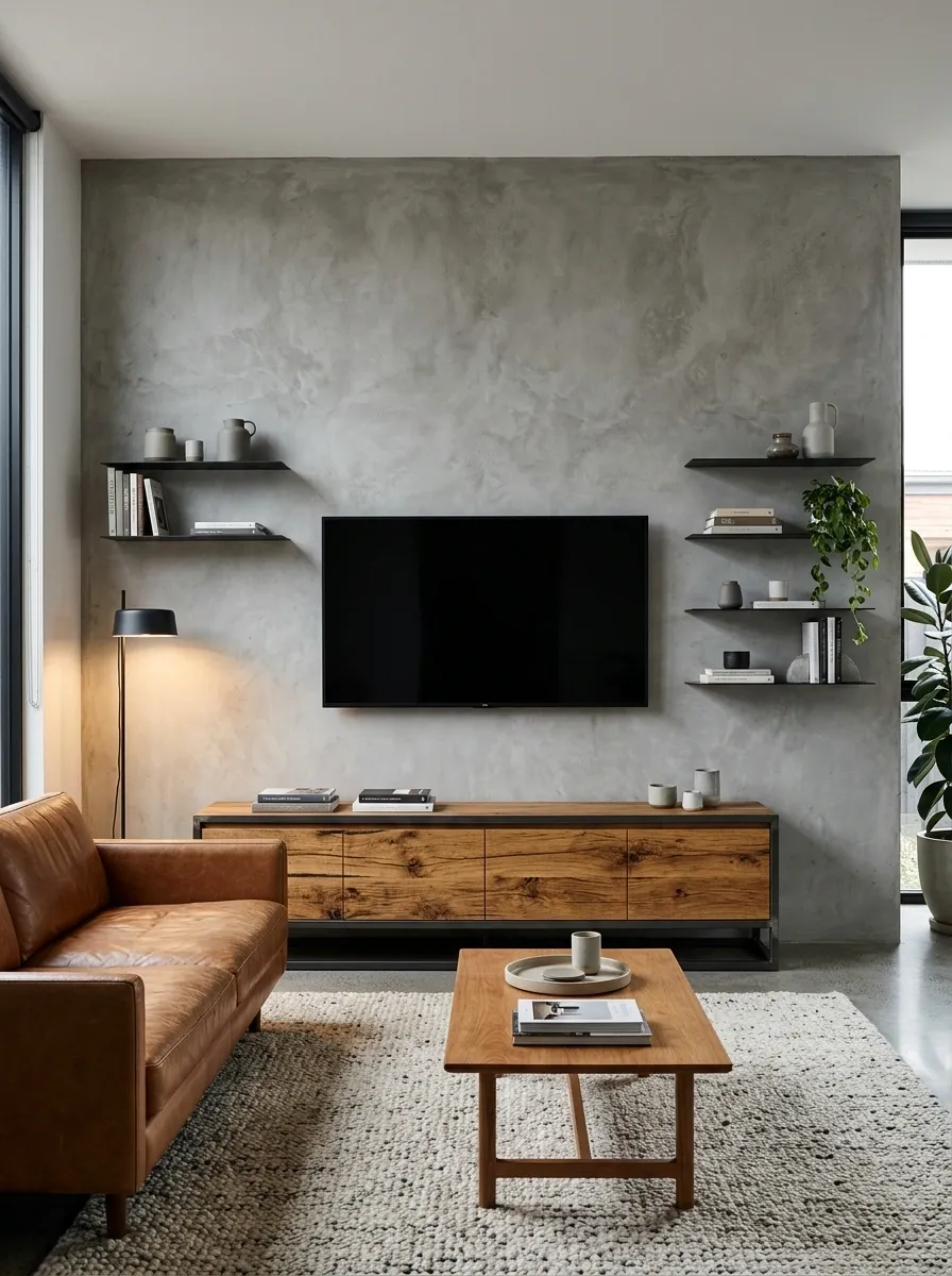 Industrial TV Wall With Concrete Texture and Black Steel