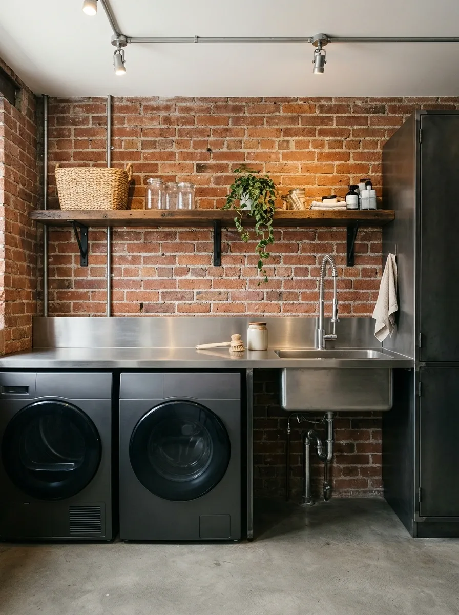 Industrial Utility Corner With Stainless Steel and Exposed Brick