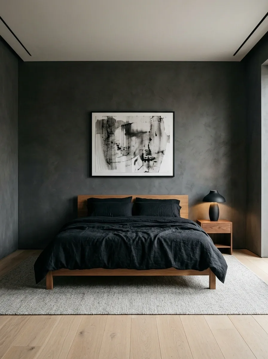 Ink-Black Bedding in a Restrained Architectural Bedroom