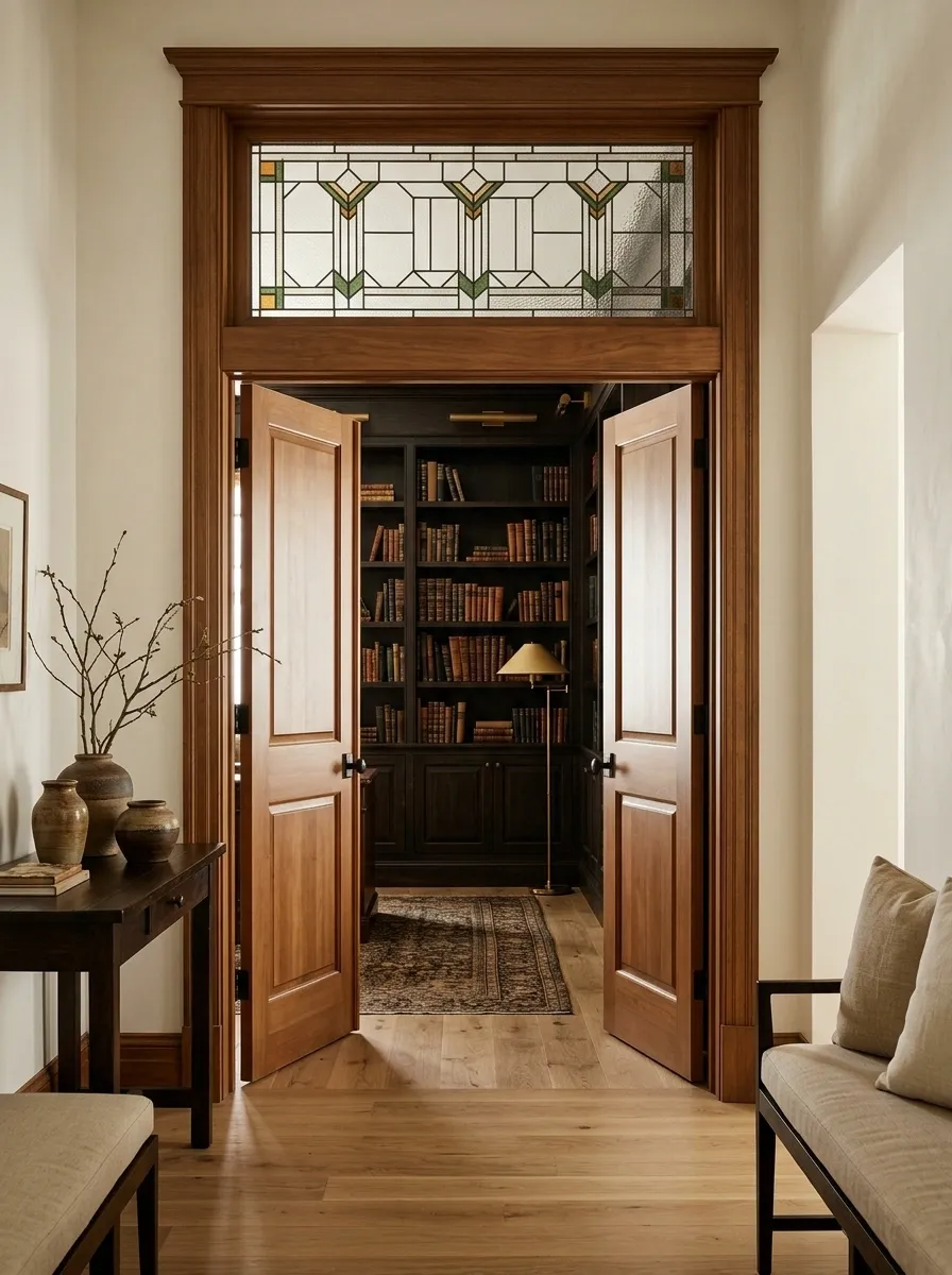 Interior Transom Connecting an Entry Hall to a Home Library