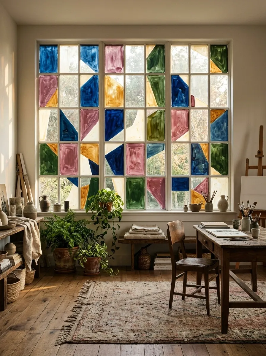 Irregular Jewel-Tone Mosaic Across Divided Windowpanes