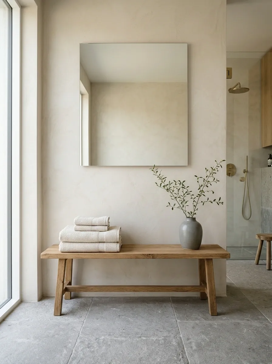 Japandi Bathroom With a Low Oak Bench and Towel Stack